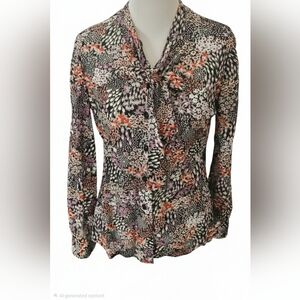 Optimum Black Mixed Floral Sheer Botton-down Blouse with Tie Bow